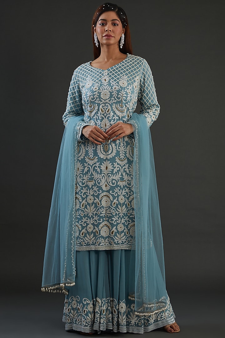 Blue Georgette Embroidered Kurta Set by Diksha Tandon
