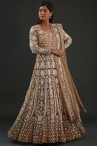 Beige Tulle Embroidered Anarkali Set by Diksha Tandon