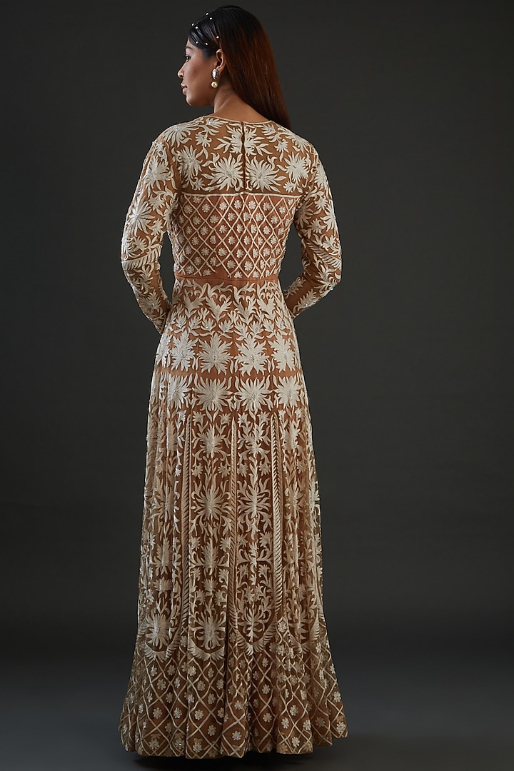 Beige Tulle Embroidered Wedding Anarkali Set by Diksha Tandon at Pernia's Pop Up Shop