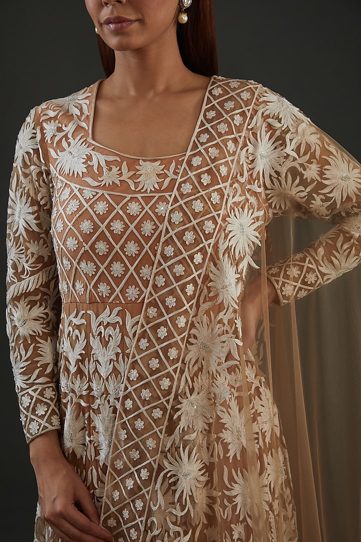 Beige Tulle Embroidered Wedding Anarkali Set by Diksha Tandon at Pernia's Pop Up Shop