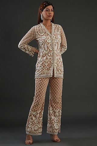 Beige Net Embroidered Pant Set by Diksha Tandon