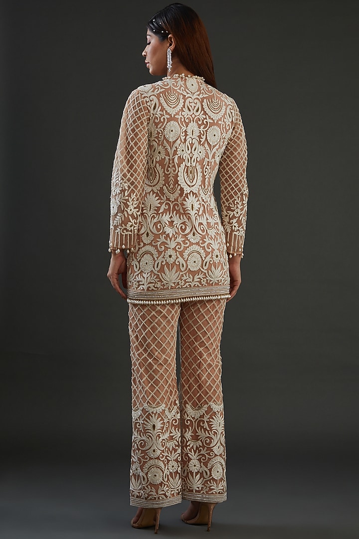 Beige Net Embroidered Pant Set by Diksha Tandon at Pernia's Pop Up Shop