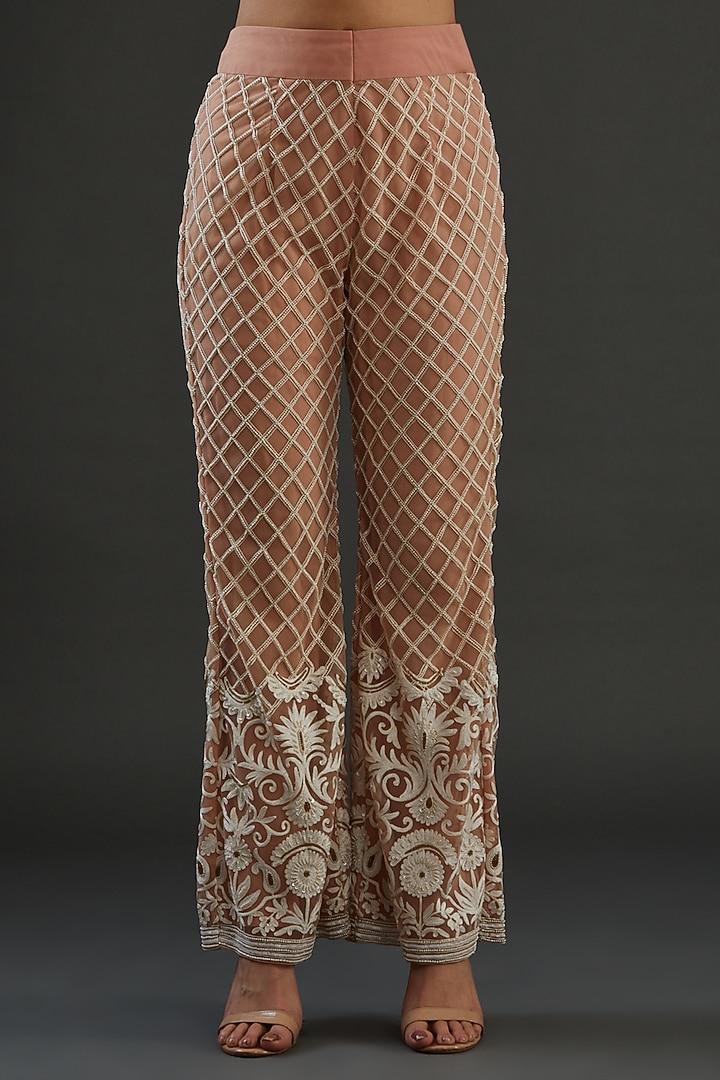 Beige Net Embroidered Pant Set by Diksha Tandon at Pernia's Pop Up Shop