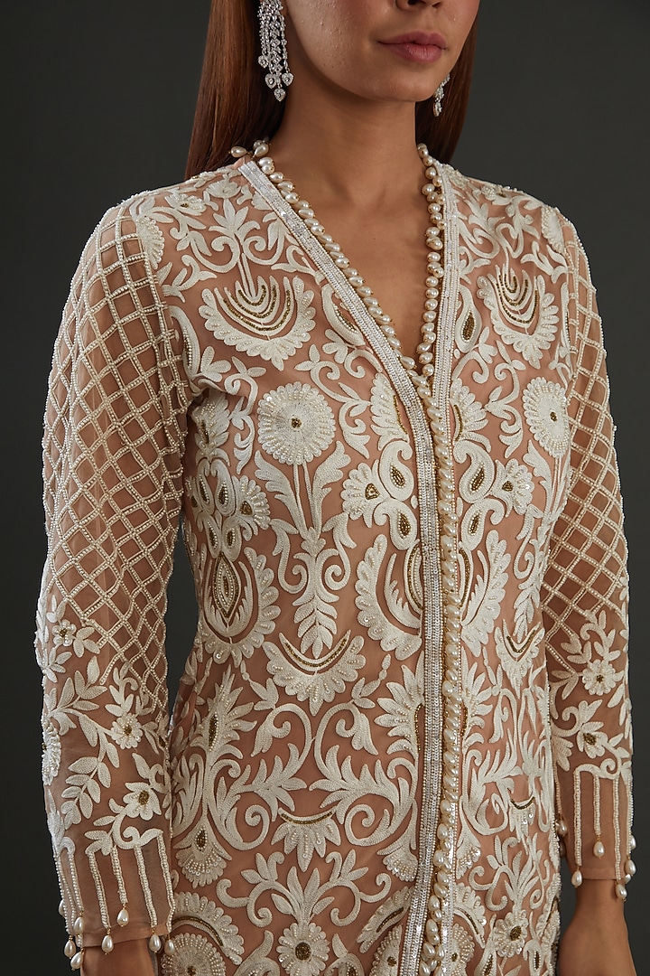 Beige Net Embroidered Pant Set by Diksha Tandon at Pernia's Pop Up Shop