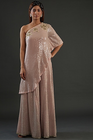 Pink Georgette Embroidered Sharara Set by Diksha Tandon