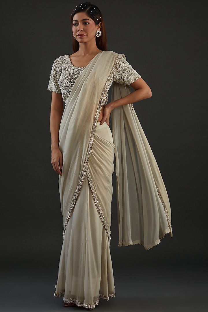 Ivory Georgette Embroidered Saree Set by Diksha Tandon