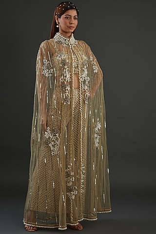 Beige Net Embroidered Cape Set by Diksha Tandon