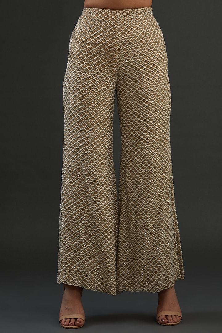 Beige Net Embroidered Cape Set by Diksha Tandon at Pernia's Pop Up Shop