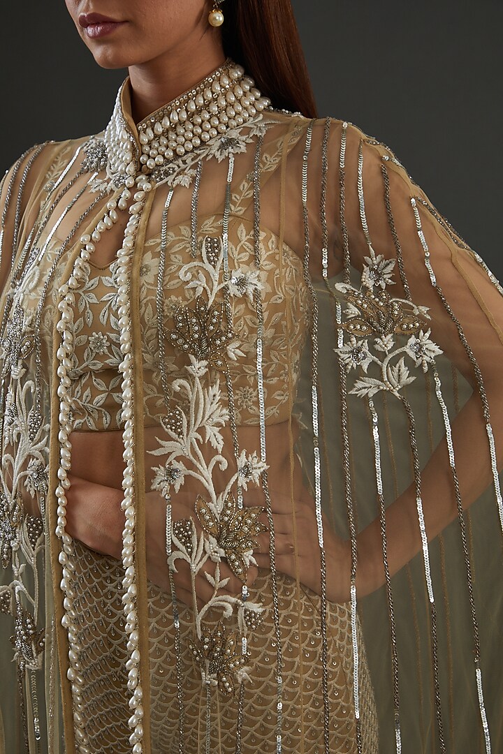 Beige Net Embroidered Cape Set by Diksha Tandon at Pernia's Pop Up Shop