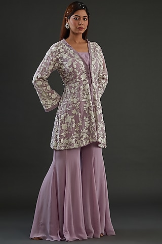 Purple Georgette Sharara Set by Diksha Tandon