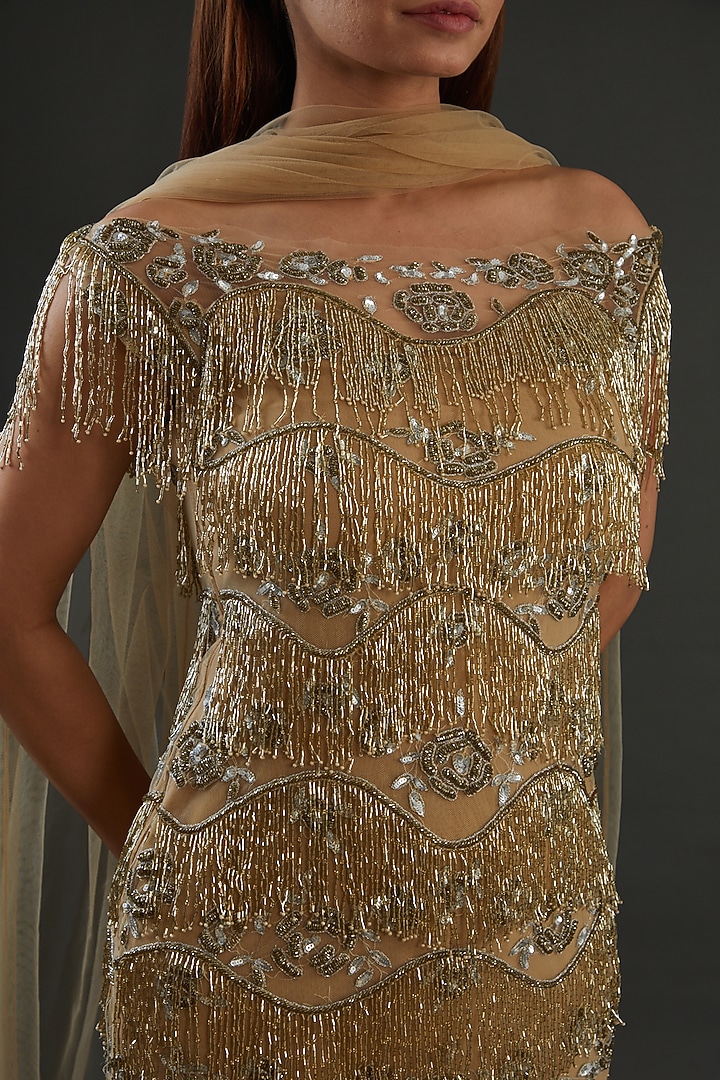 Beige Organza Embroidered Kurta Set by Diksha Tandon at Pernia's Pop Up Shop