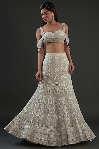 Ivory Net Hand Embroidered Lehenga Set by Diksha Tandon