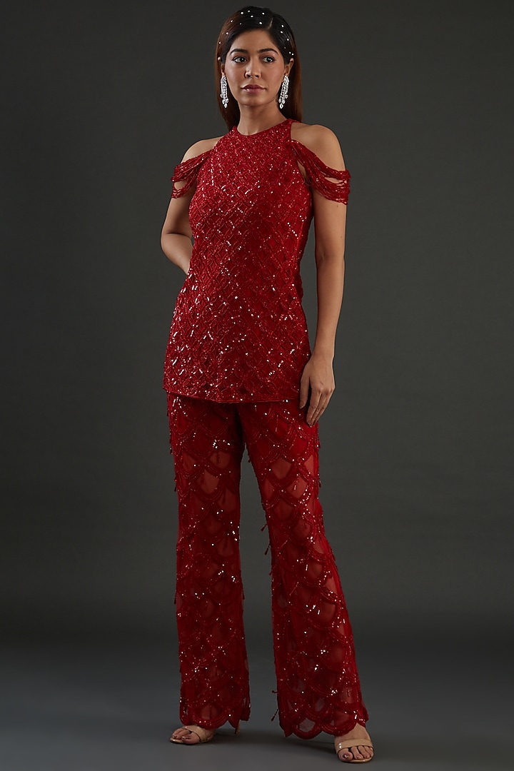 Red Net Hand Embroidered Pant Set by Diksha Tandon