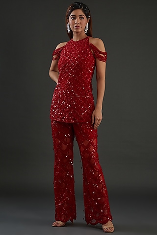 Red Net Hand Embroidered Pant Set by Diksha Tandon