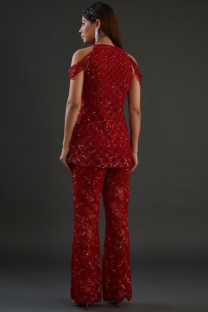 Red Net Hand Embroidered Pant Set by Diksha Tandon at Pernia's Pop Up Shop