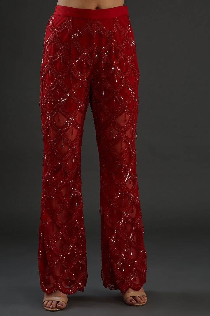 Red Net Hand Embroidered Pant Set by Diksha Tandon at Pernia's Pop Up Shop