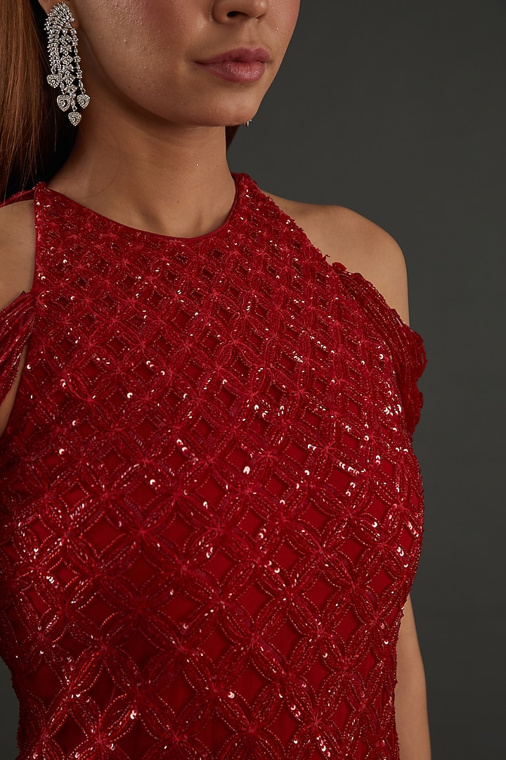Red Net Hand Embroidered Pant Set by Diksha Tandon at Pernia's Pop Up Shop