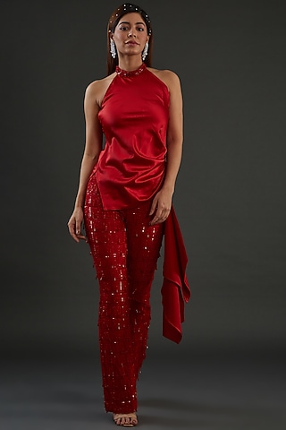 Red Georgette Embroidered Pant Set by Diksha Tandon