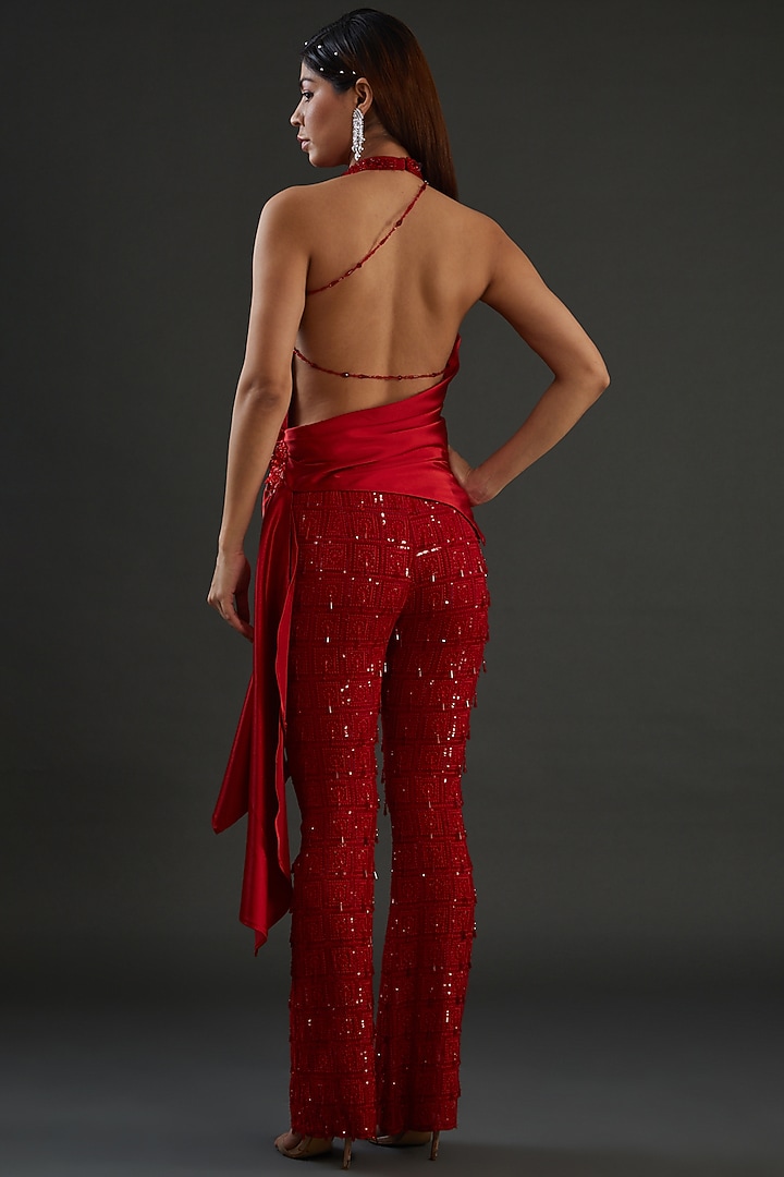 Red Georgette Embroidered Pant Set by Diksha Tandon at Pernia's Pop Up Shop