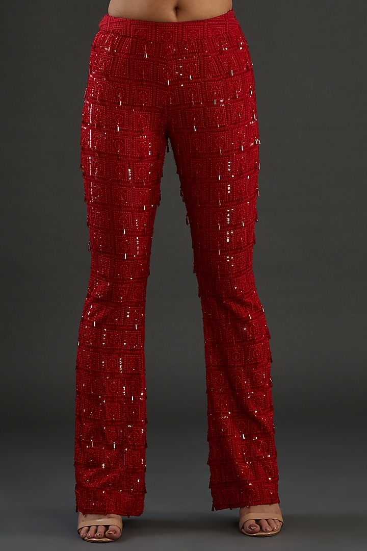 Red Georgette Embroidered Pant Set by Diksha Tandon at Pernia's Pop Up Shop