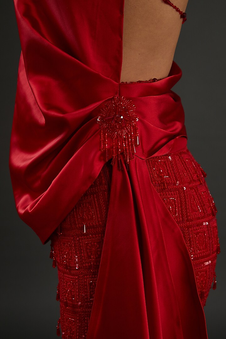 Red Georgette Embroidered Pant Set by Diksha Tandon at Pernia's Pop Up Shop