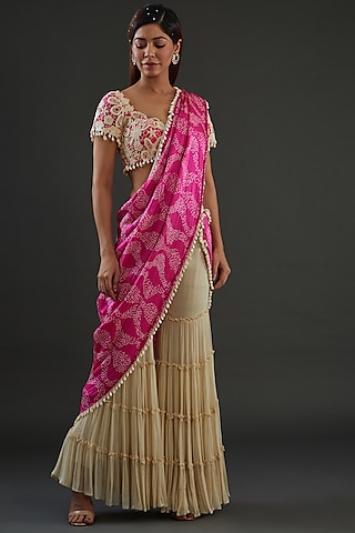 Beige Georgette Sharara Saree Set by Diksha Tandon