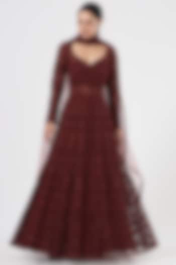 Maroon Embroidered Bridal Anarkali Set by Diksha Tandon at Pernia's Pop Up Shop