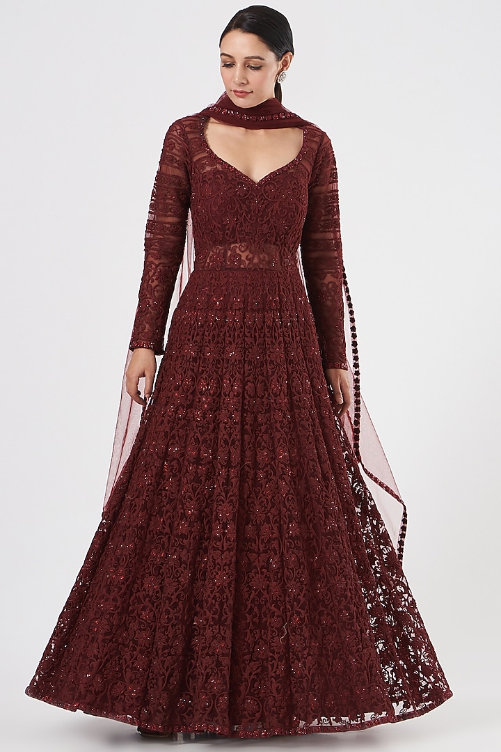Maroon Embroidered Bridal Anarkali Set by Diksha Tandon at Pernia's Pop Up Shop