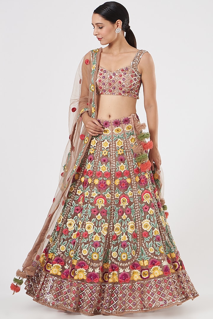 Beige Embroidered Bridal Lehenga Set by Diksha Tandon at Pernia's Pop Up Shop