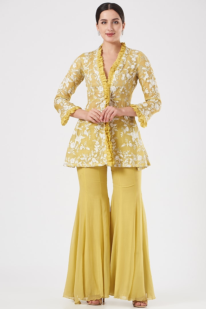 Yellow Georgette Sharara Pants by Diksha Tandon