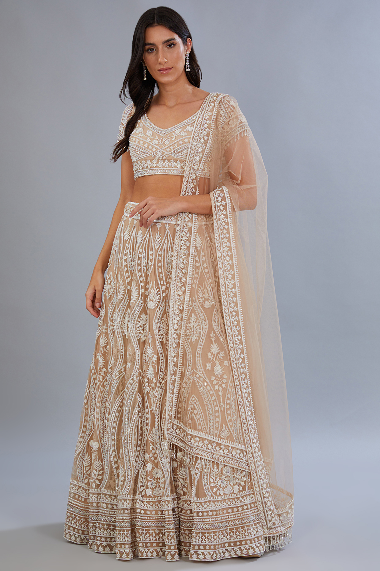Beige Net & Crepe Hand Embroidered Bridal Lehenga Set by Diksha Tandon at Pernia's Pop Up Shop