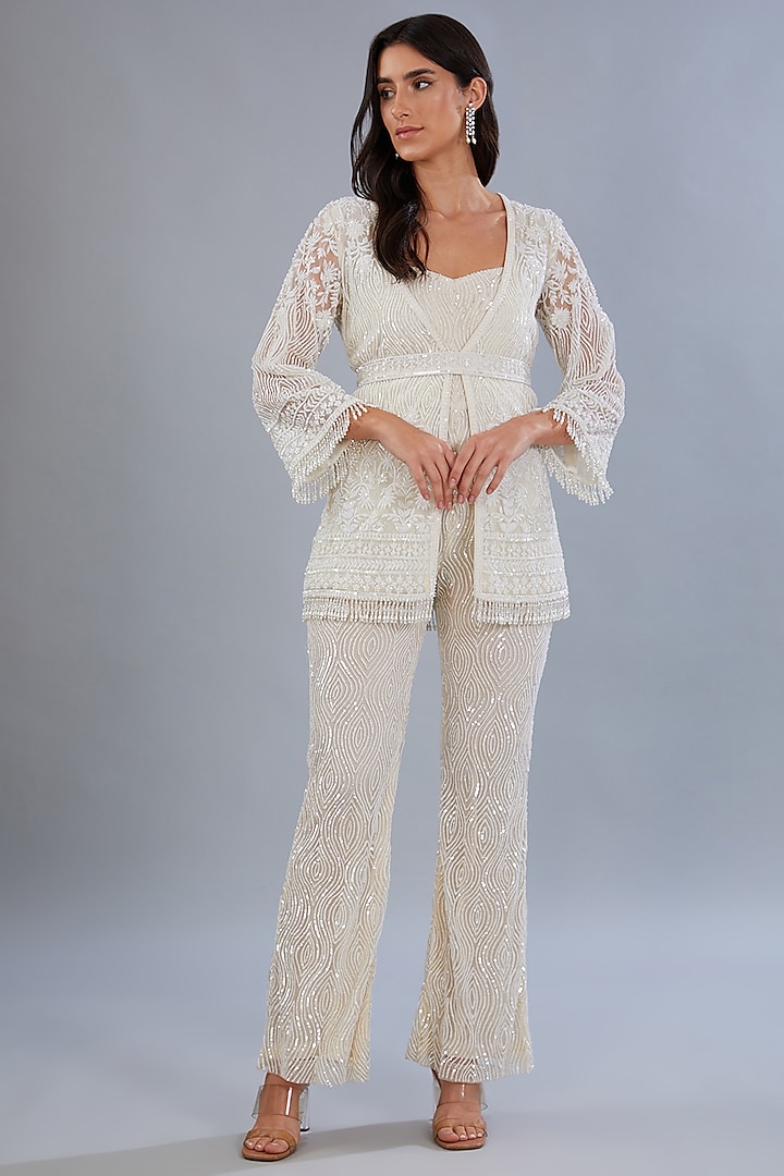 White Net & Crepe Hand Embroidred Jumpsuit With Jacket by Diksha Tandon at Pernia's Pop Up Shop