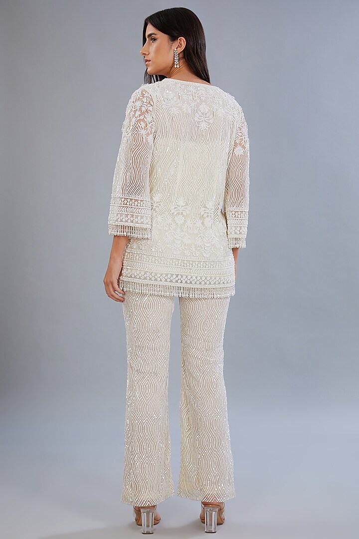 White Net & Crepe Hand Embroidred Jumpsuit With Jacket by Diksha Tandon at Pernia's Pop Up Shop