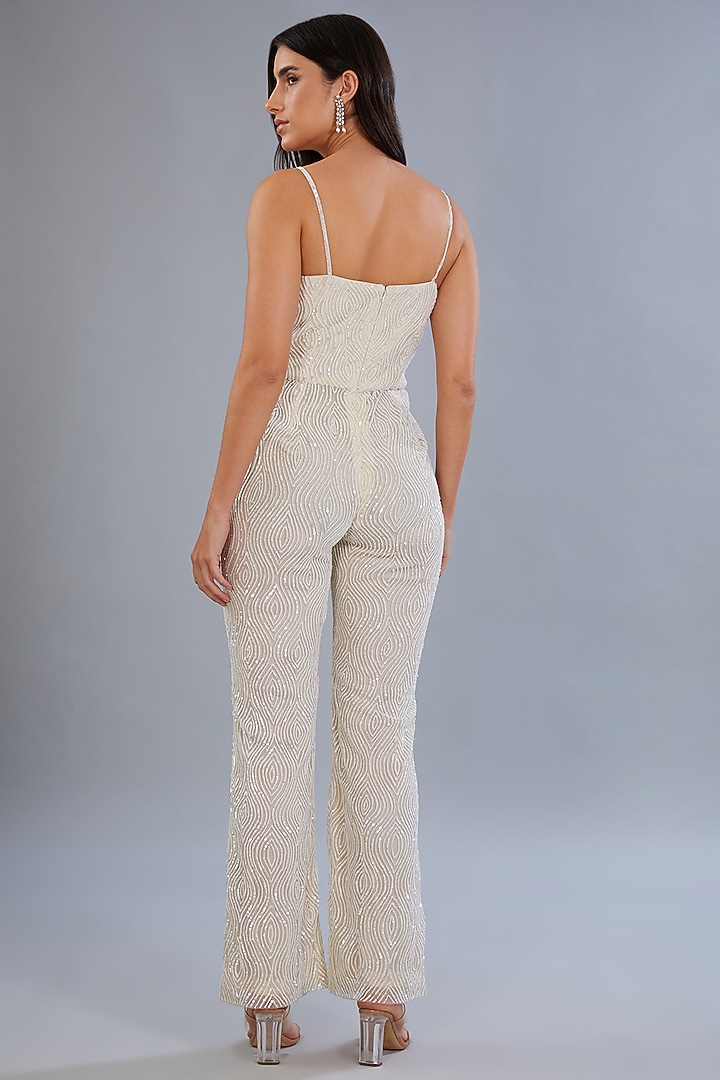 White Net & Crepe Hand Embroidred Jumpsuit With Jacket by Diksha Tandon at Pernia's Pop Up Shop