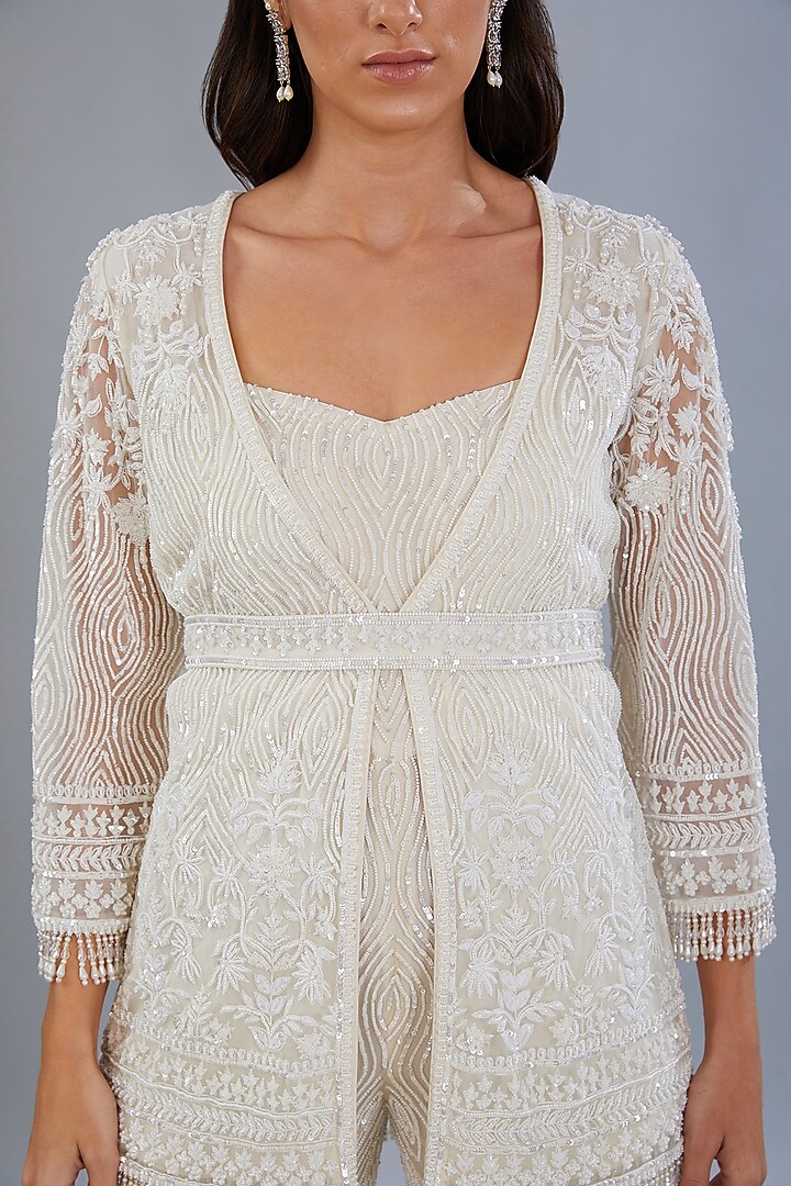 White Net & Crepe Hand Embroidred Jumpsuit With Jacket by Diksha Tandon at Pernia's Pop Up Shop