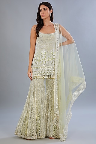 Lime Green Net & Crepe Hand Embroidered Gharara Set by Diksha Tandon