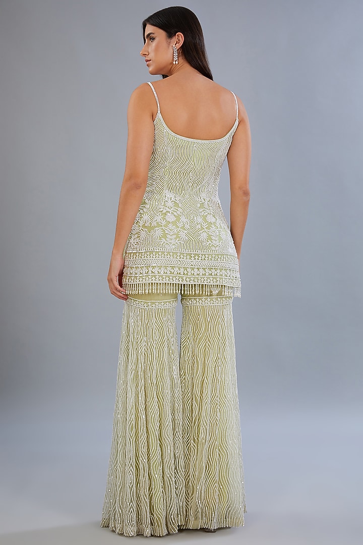 Lime Green Net & Crepe Hand Embroidered Gharara Set by Diksha Tandon at Pernia's Pop Up Shop