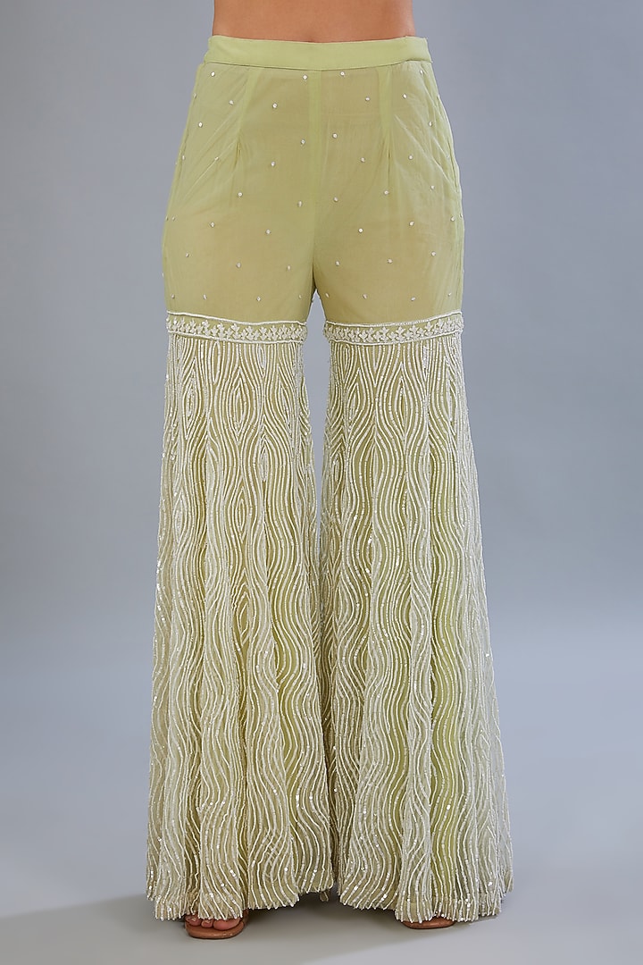 Lime Green Net & Crepe Hand Embroidered Gharara Set by Diksha Tandon at Pernia's Pop Up Shop