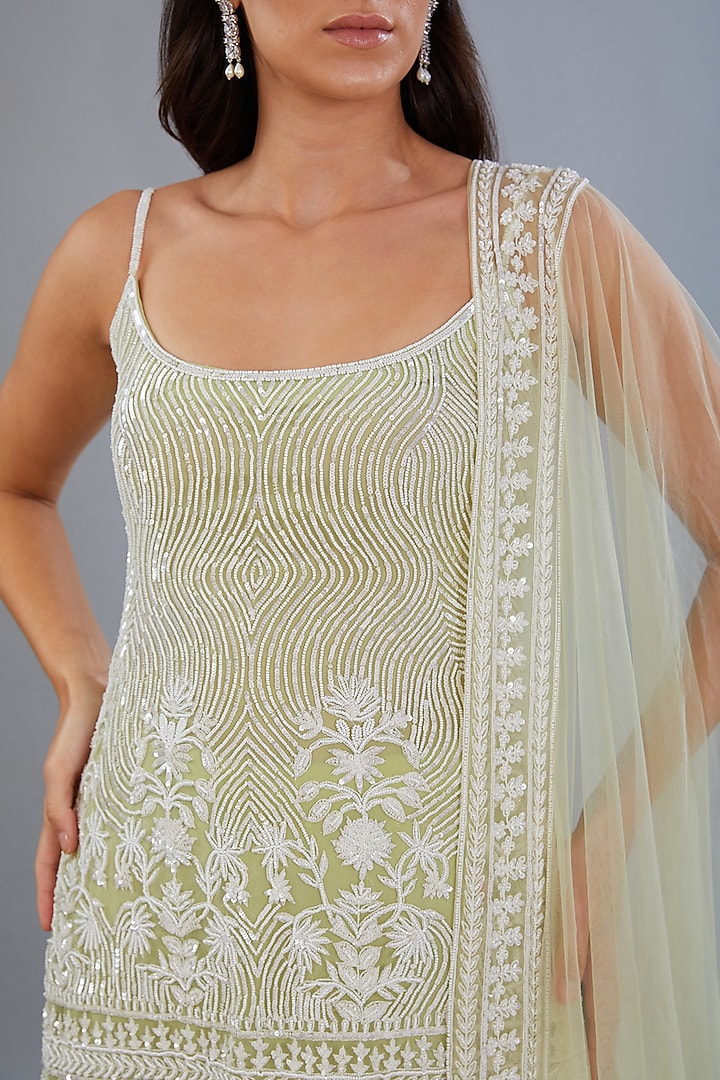 Lime Green Net & Crepe Hand Embroidered Gharara Set by Diksha Tandon at Pernia's Pop Up Shop