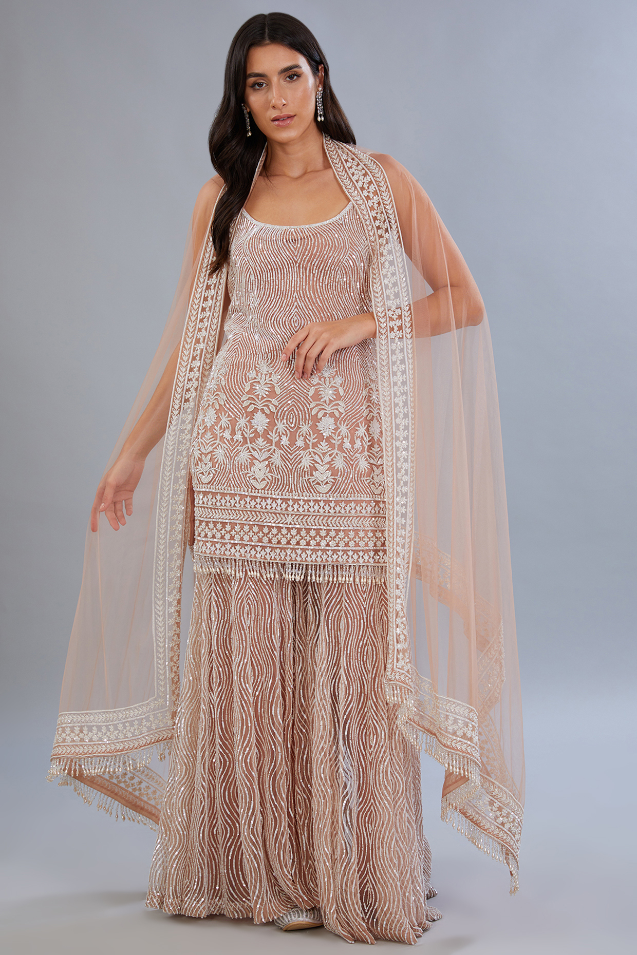 Pink Net & Crepe Hand Embroidered Gharara Set by Diksha Tandon at Pernia's Pop Up Shop