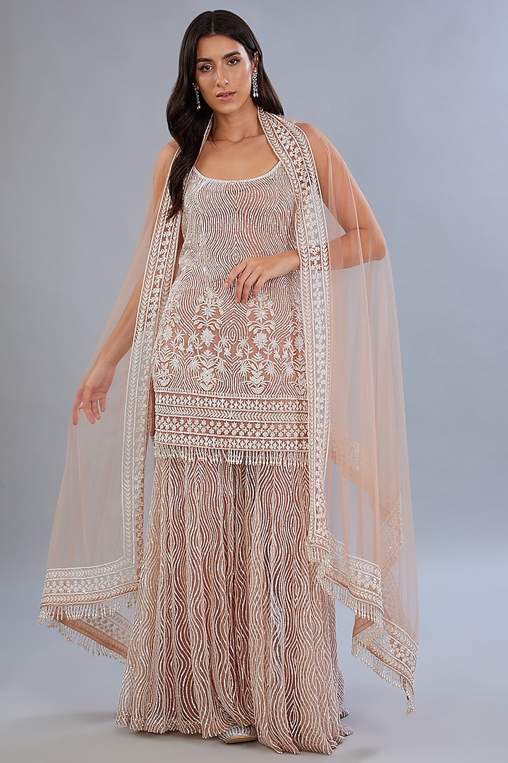 Pink Net & Crepe Hand Embroidered Gharara Set by Diksha Tandon at Pernia's Pop Up Shop