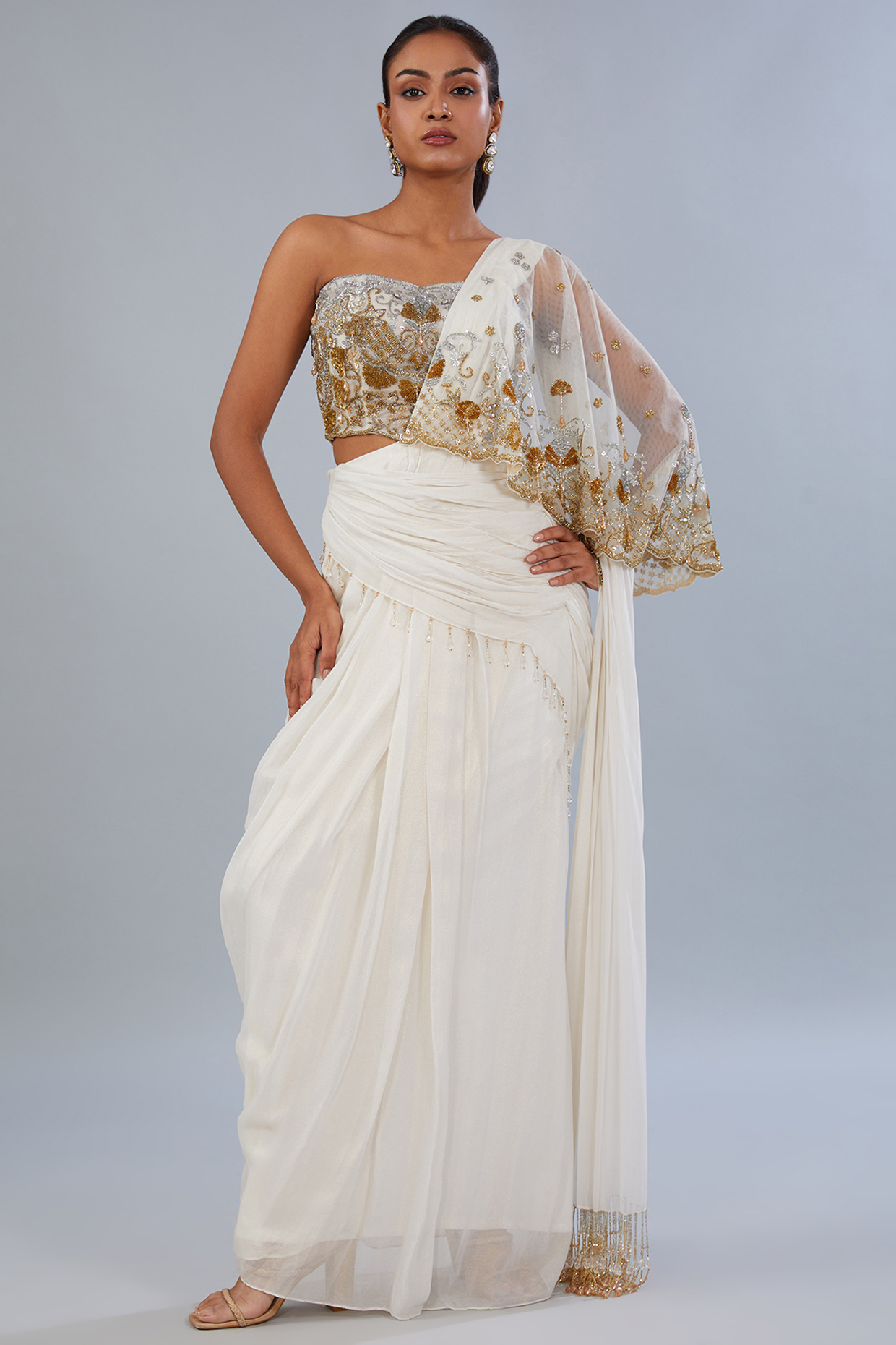 Ivory Net & Crepe Draped Reception Saree Set by Diksha Tandon at Pernia's Pop Up Shop