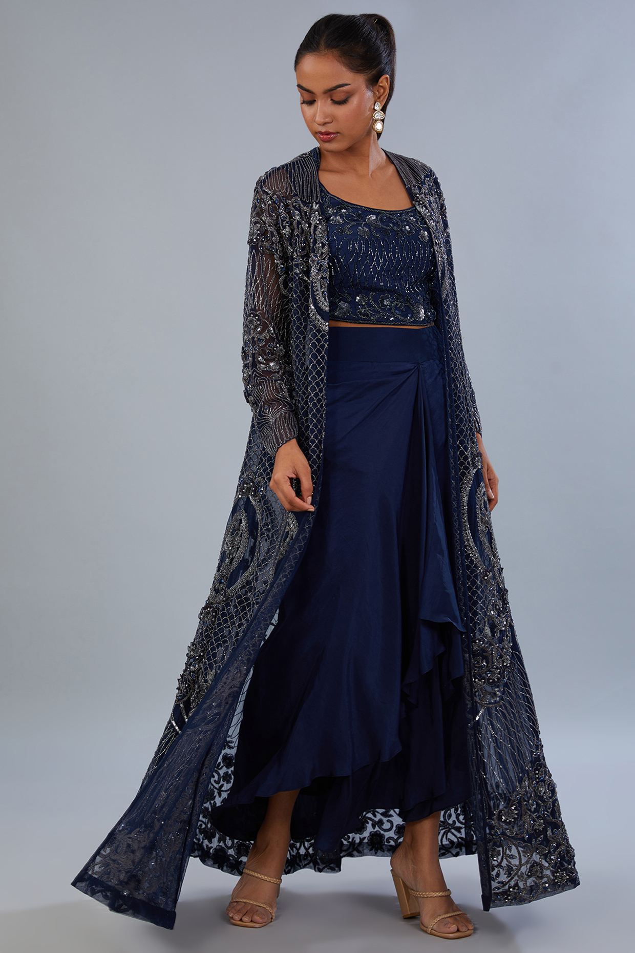 Navy Blue Net & Crepe Hand Embroidered Jacket Set by Diksha Tandon at Pernia's Pop Up Shop