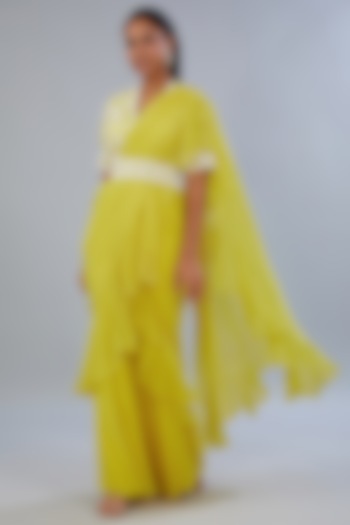 Yellow Chiffon & Crepe Draped Ruffle Saree Set by Diksha Tandon at Pernia's Pop Up Shop