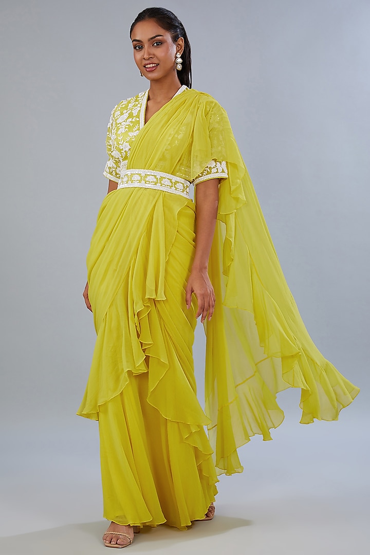 Yellow Chiffon & Crepe Draped Ruffle Saree Set by Diksha Tandon at Pernia's Pop Up Shop