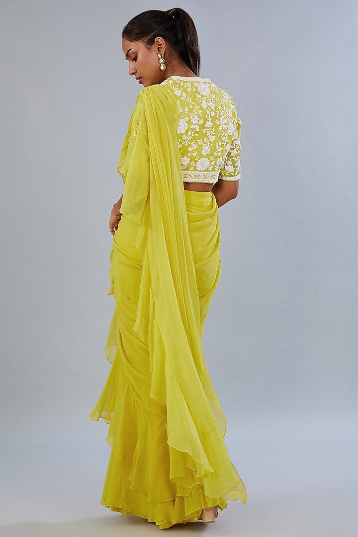 Yellow Chiffon & Crepe Draped Ruffle Wedding Saree Set by Diksha Tandon at Pernia's Pop Up Shop
