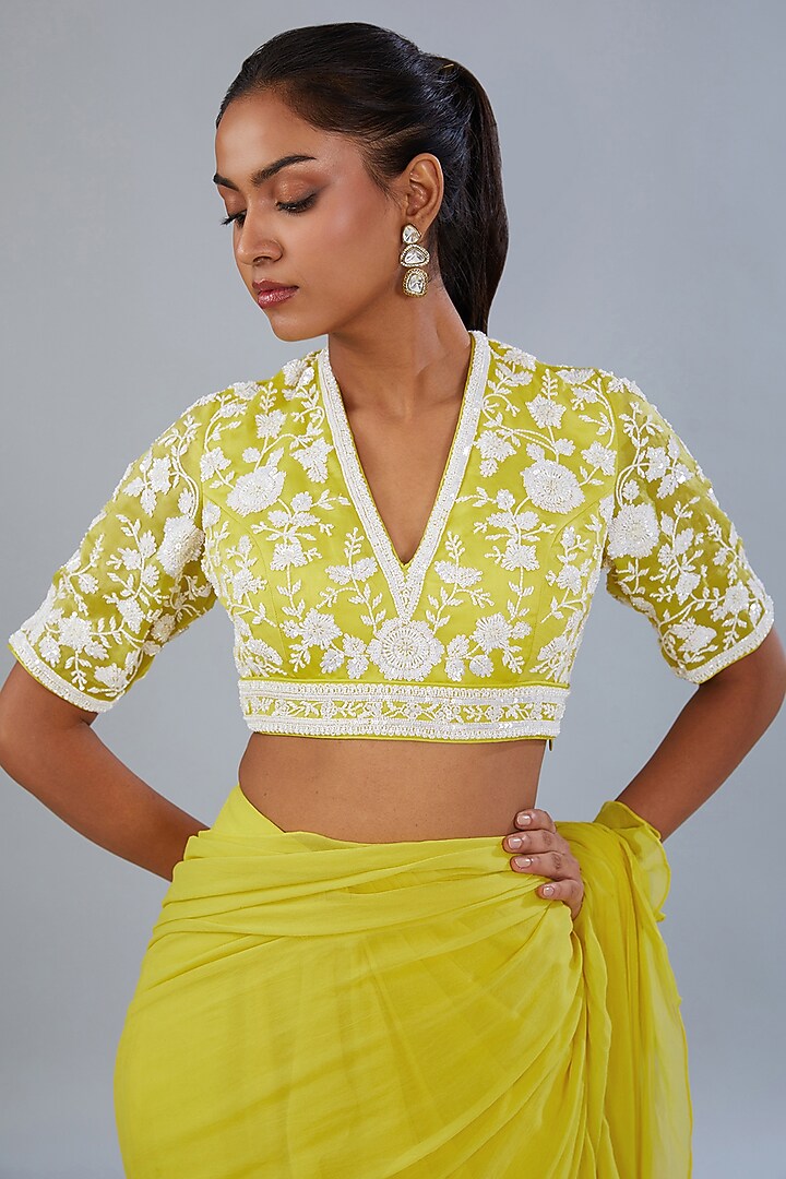 Yellow Chiffon & Crepe Draped Ruffle Wedding Saree Set by Diksha Tandon at Pernia's Pop Up Shop