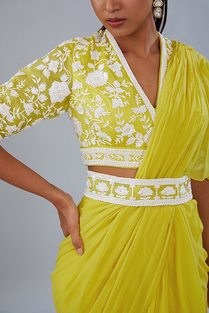 Yellow Chiffon & Crepe Draped Ruffle Wedding Saree Set by Diksha Tandon at Pernia's Pop Up Shop