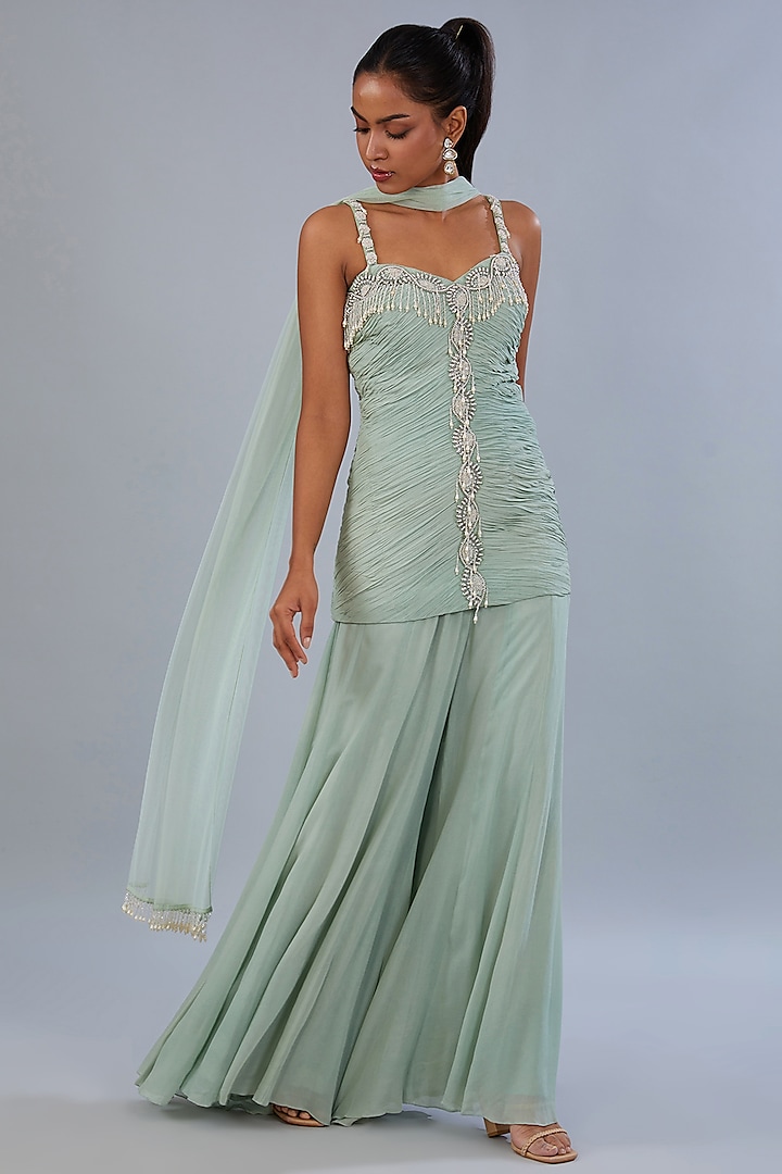 Teal Green Georgette Sharara Set by Diksha Tandon at Pernia's Pop Up Shop