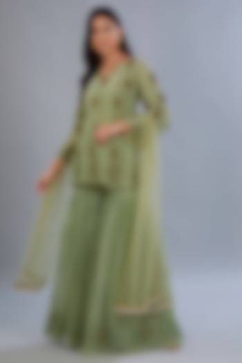 Green Net & Crepe Sharara Set by Diksha Tandon at Pernia's Pop Up Shop